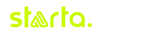 Logotipo oficial da agência Starta Negócios Digitais em verde-limão e branco com fundo escuro.