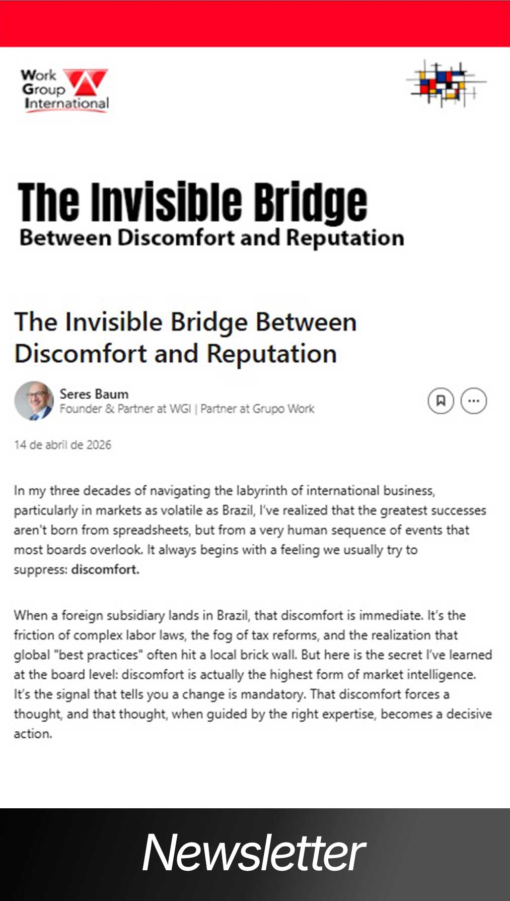 Exemplo de newsletter corporativa estratégica internacional em inglês com o título The Invisible Bridge, desenvolvida com foco em liderança de pensamento e copywriting pela agência Starta.