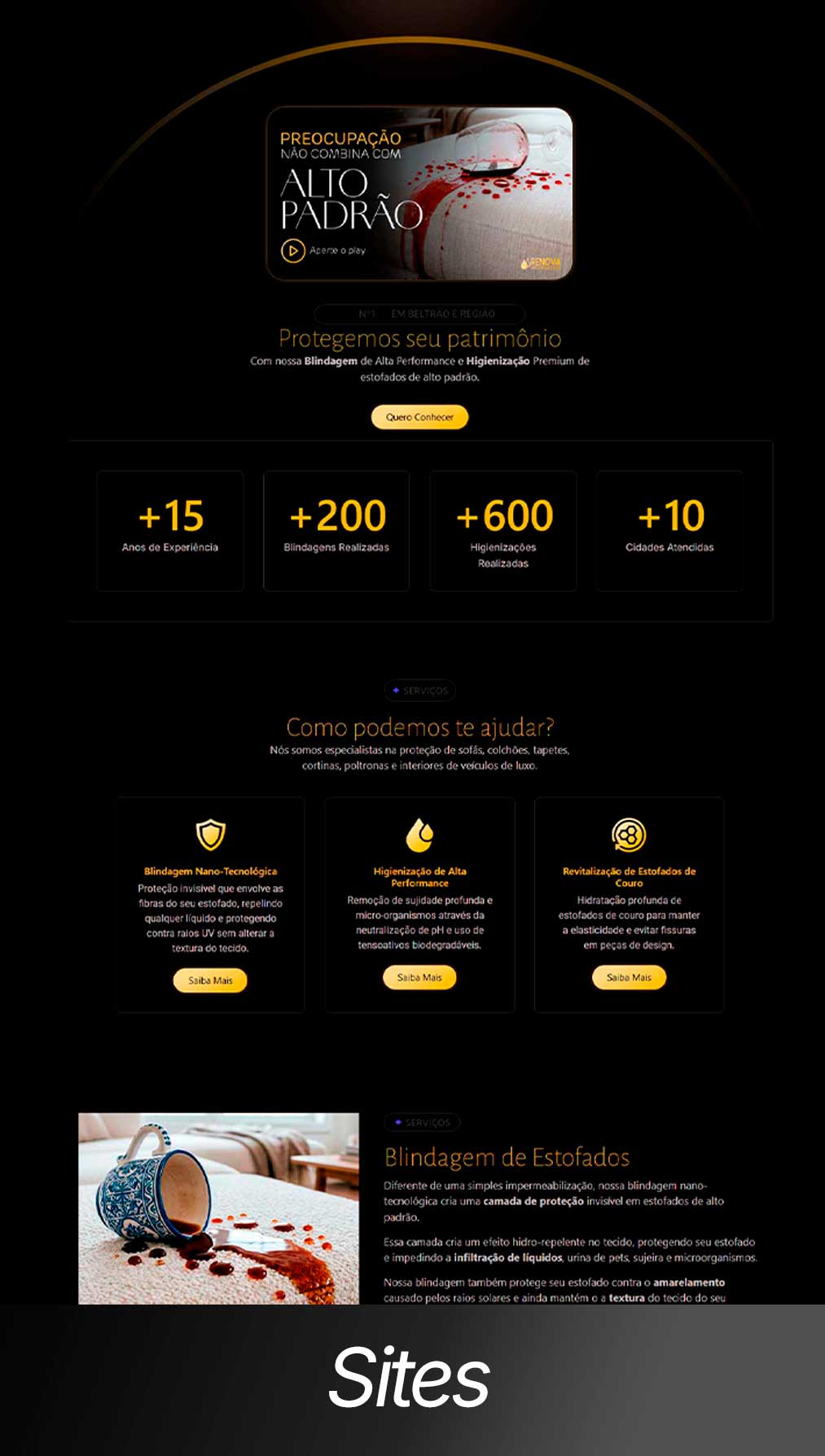 Layout de site institucional de alto padrão desenvolvido pela agência Starta para empresa de blindagem e higienização de estofados de luxo, exibindo design minimalista em fundo escuro.