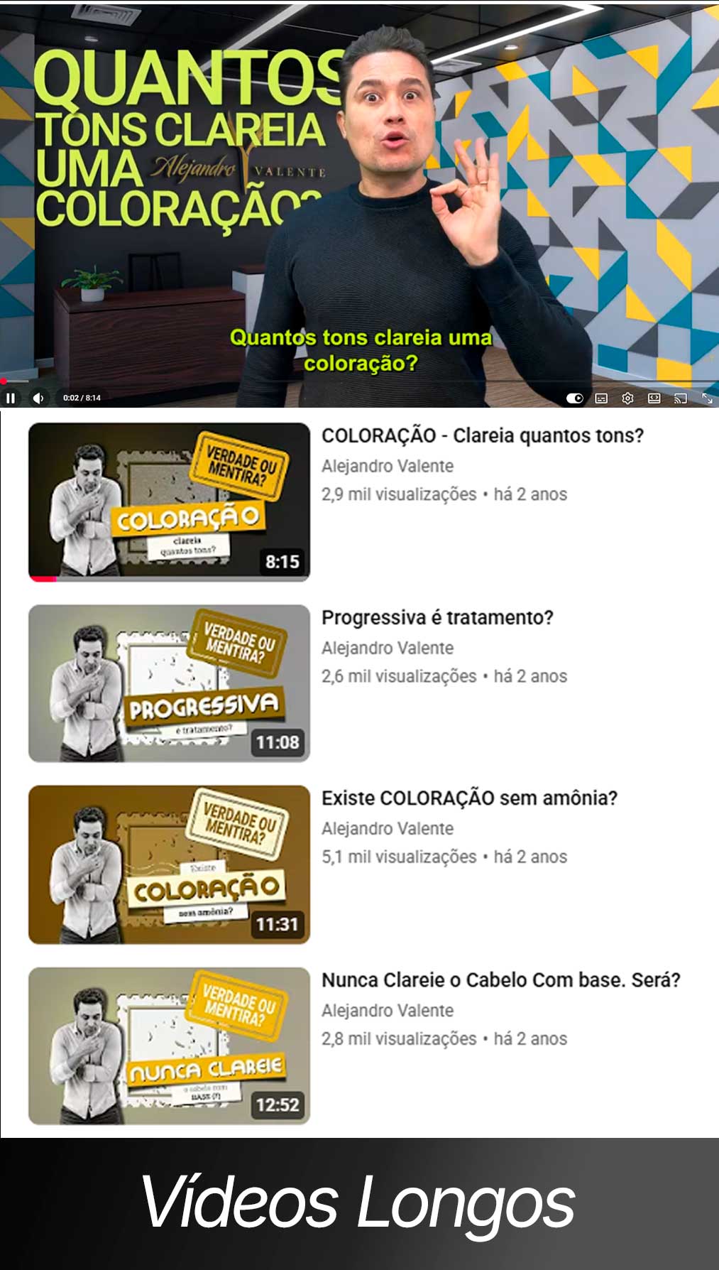 Apresentação de projeto de gestão de canal no YouTube e edição de vídeos longos desenvolvido pela agência Starta para infoproduto de beleza, exibindo miniaturas personalizadas e vídeo com legendas.