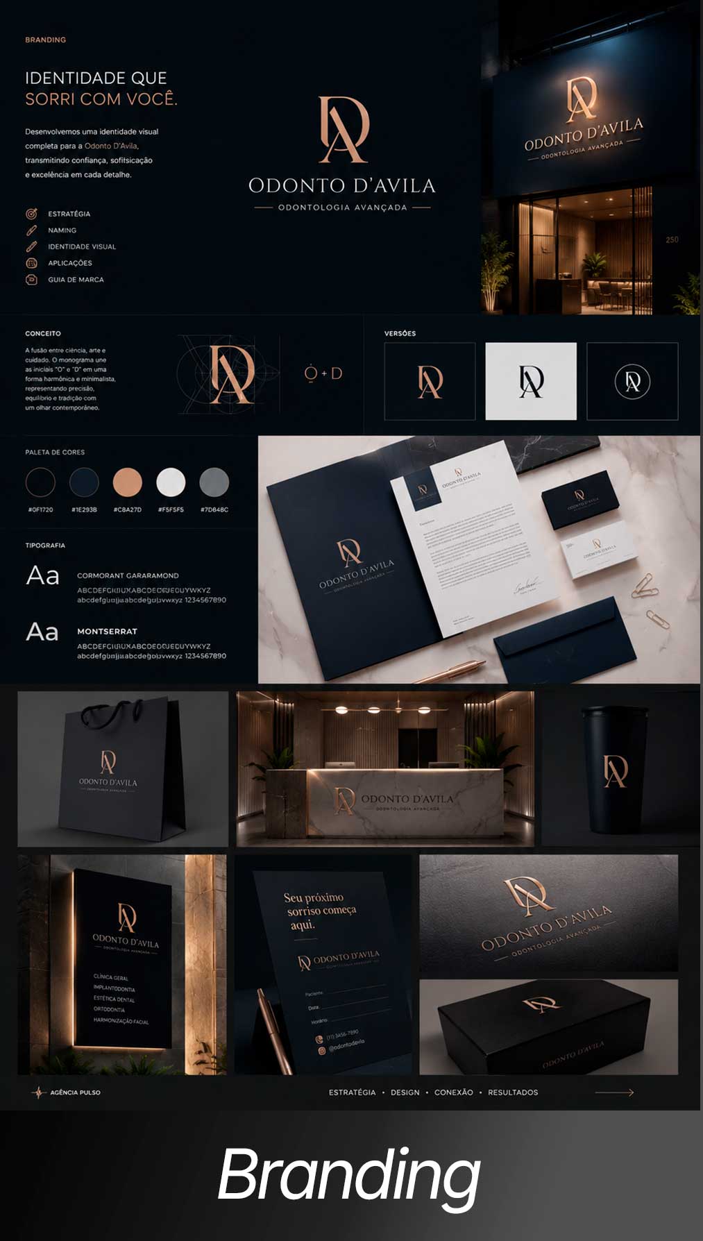 Apresentação de projeto de branding e identidade visual para clínica de odontologia de alto padrão desenvolvida pela agência Starta, mostrando logotipo, paleta de cores e maquetes de papelaria.